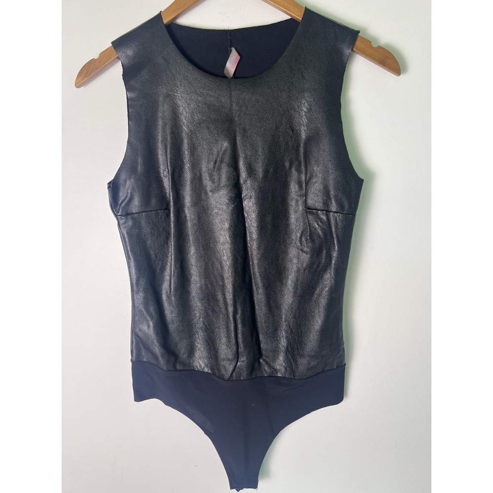 Commando‎ Faux Leather Bodysuit Wm M Black Sleeveless Crew Neck Minimalist Chic